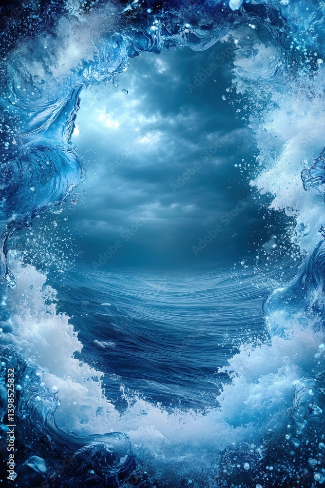 Energetic water-themed frame with crashing waves and bright foam Energetic water-themed frame with crashing waves and bright foam