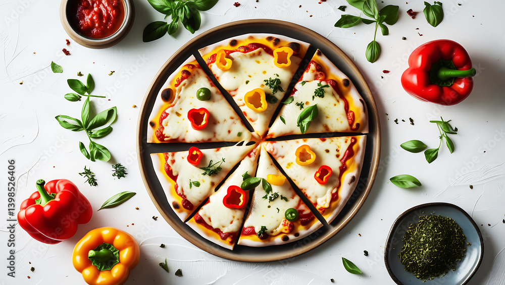 Delicious Cheese Pizza with Red Peppers and Tomato Slices Delicious Cheese Pizza with Red Peppers and Tomato Slices