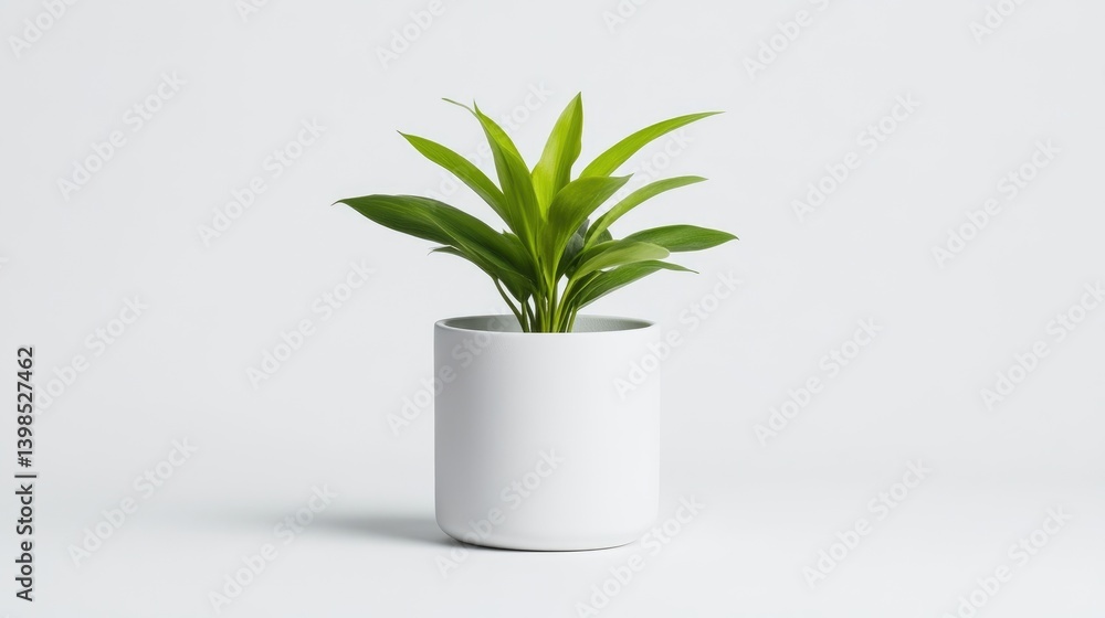 Simple potted plant against a white backdrop. A vibrant green plant with lanceolate leaves sits in a clean, modern white pot. The image emphasizes minimalist design and freshness Simple potted plant against a white backdrop. A vibrant green plant with lanceolate leaves sits in a clean, modern white pot. The image emphasizes minimalist design and freshness
