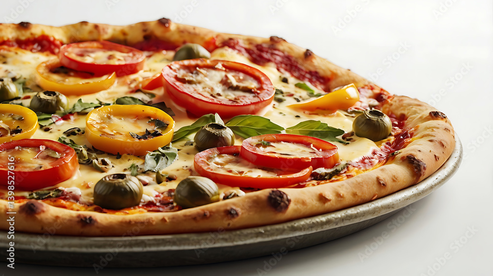 Delicious Homemade Vegetable Pizza with Fresh Toppings, Basil, Olives, Tomatoes and Cheese Delicious Homemade Vegetable Pizza with Fresh Toppings, Basil, Olives, Tomatoes and Cheese