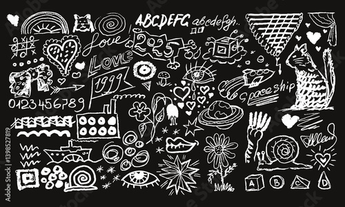 Over sixty hand drawn objects, doodles and squiggles. White on black. Imitation of chalk drawings. Vector set