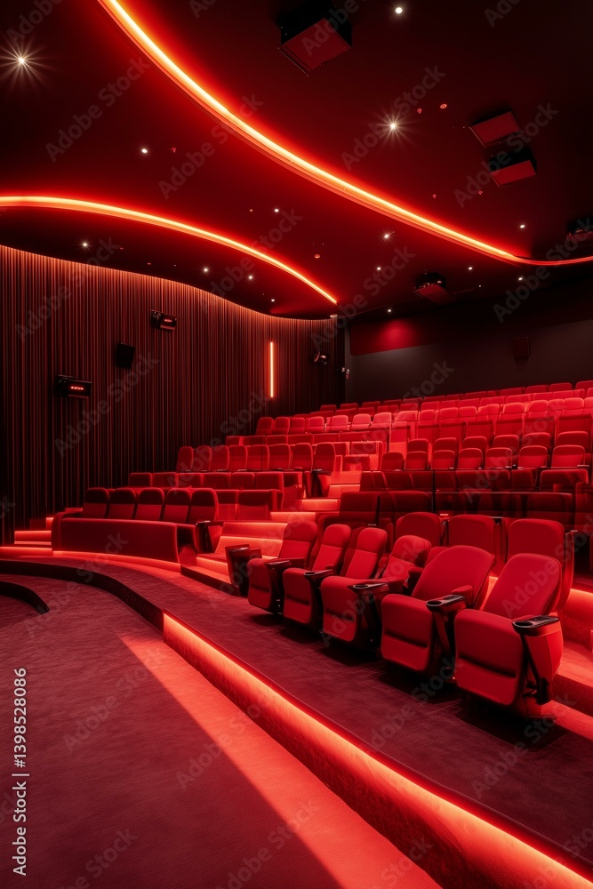 Rows of red seats in cinema theater