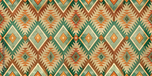 Geometric pattern with earthy tones and vivid colors in a diamond shape design.