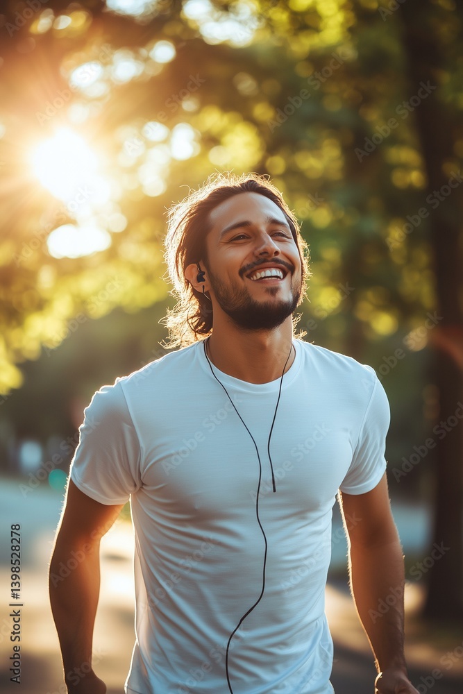 Happy Latino man enjoying music during outdoor workout