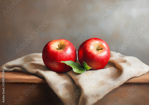 Oil Painting of Two Red Apples on Draped Brown Fabric with Green Leaves Overlapping on Wooden Surface