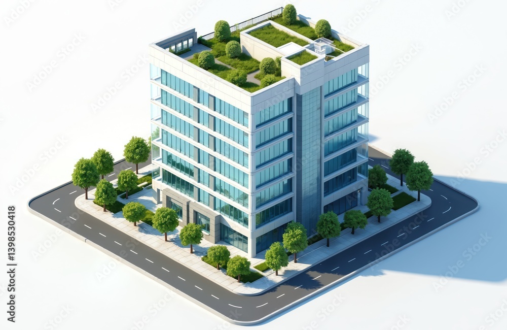 Isometric office building render. Modern glass facade architecture with rooftop garden, green trees, paved road, and walkways. Urban environment illustration for corporate and commercial usage. Isometric office building render. Modern glass facade architecture with rooftop garden, green trees, paved road, and walkways. Urban environment illustration for corporate and commercial usage.