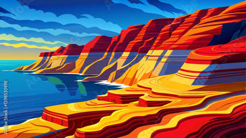 Color drenched cliff landscape with ultra saturated ocean view, layered cliffs in red and gold beside a vibrant blue sea