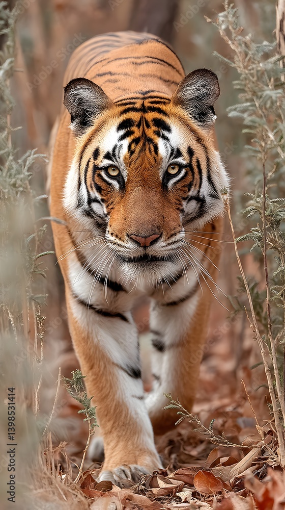 Fototapeta premium Majestic Tiger in the Wild: A striking portrait of a Bengal tiger, its piercing gaze meets the viewer, showcasing the raw power and beauty of the animal within its natural habitat.