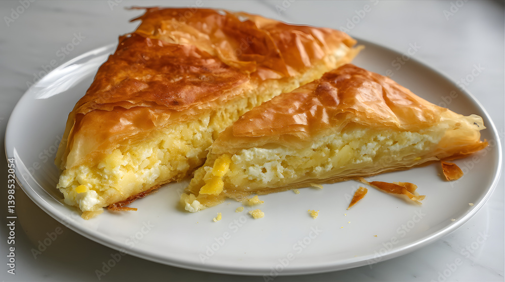 Delicious Tyropita Cheese Pie with Golden Filo Dough Slice on Plate and Fresh Ingredients Surrounding It Delicious Tyropita Cheese Pie with Golden Filo Dough Slice on Plate and Fresh Ingredients Surrounding It