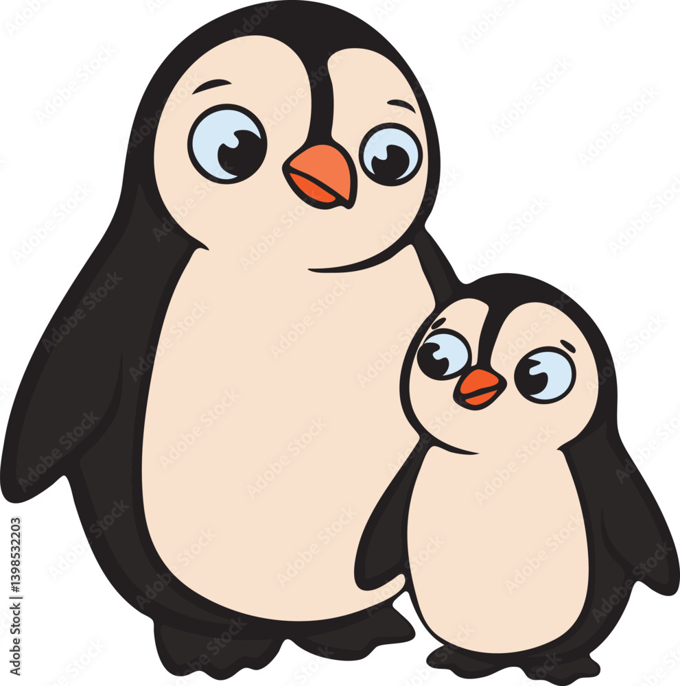 Obraz premium Adorable Penguin Hug Parent and Baby Animal Flat Design