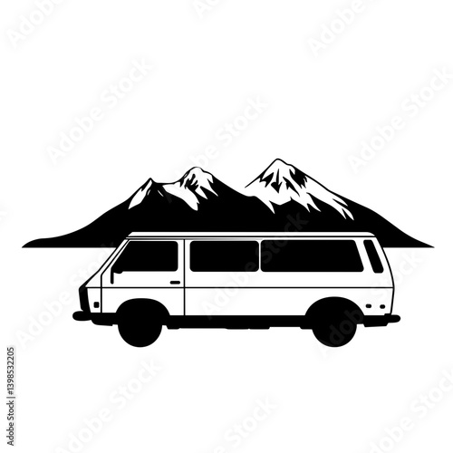 Van and mountains in minimal black and white style

