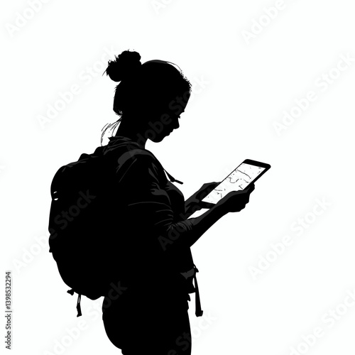 Silhouette of girl with backpack using tablet map

