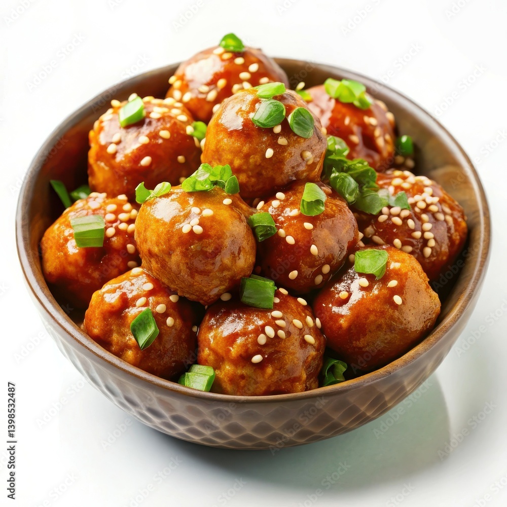 Delicious teriyaki meatballs glazed in sesame seeds a tempting bowl of Delicious teriyaki meatballs glazed in sesame seeds a tempting bowl of