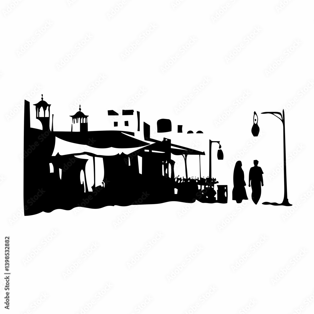 Obraz premium Silhouette of traditional street with people walking 