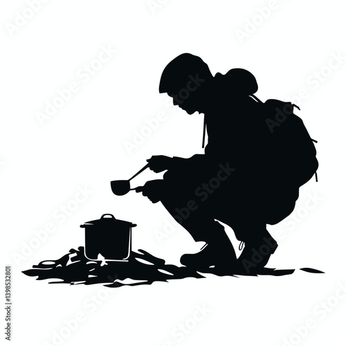 Camper cooking food on fire in silhouette illustration

