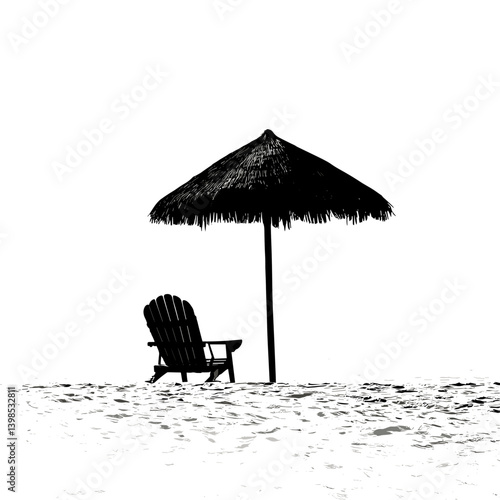 Beach chair and parasol on sand in black silhouette

