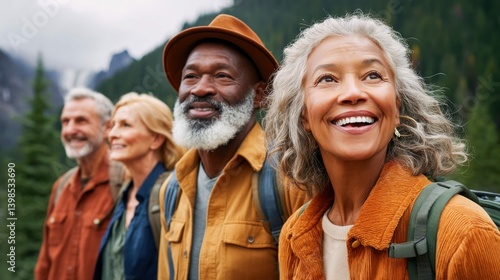 Smiling group of senior friends hiking in a mountainous landscape, enjoying nature.