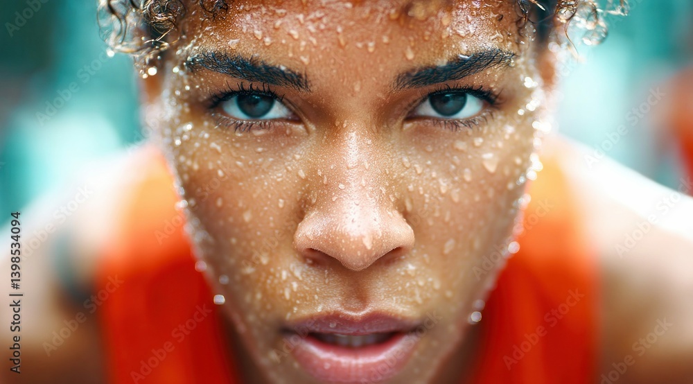 A close-up portrait shows a determined woman with sweat glistening on her skin after exercise. A close-up portrait shows a determined woman with sweat glistening on her skin after exercise.