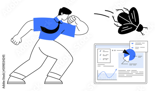Worker shielding face as bug flies by, desktop with graphs and pie chart analytics. Ideal for productivity, focus, distraction management, multitasking, office stress, data analysis, simple landing
