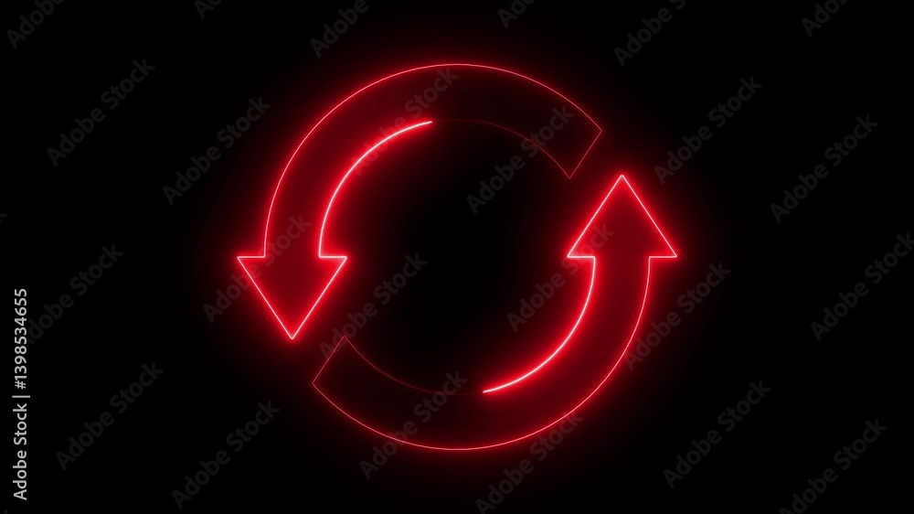Neon line refresh arrow icon on black background. Abstract beautiful neon refresh and recycle icon animation background