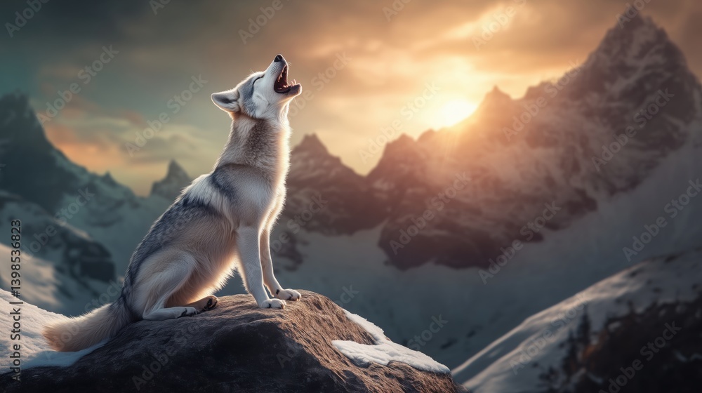 Obraz premium Gray wolf howling at sunset in mountainous landscape with snow-capped peaks and dramatic sky