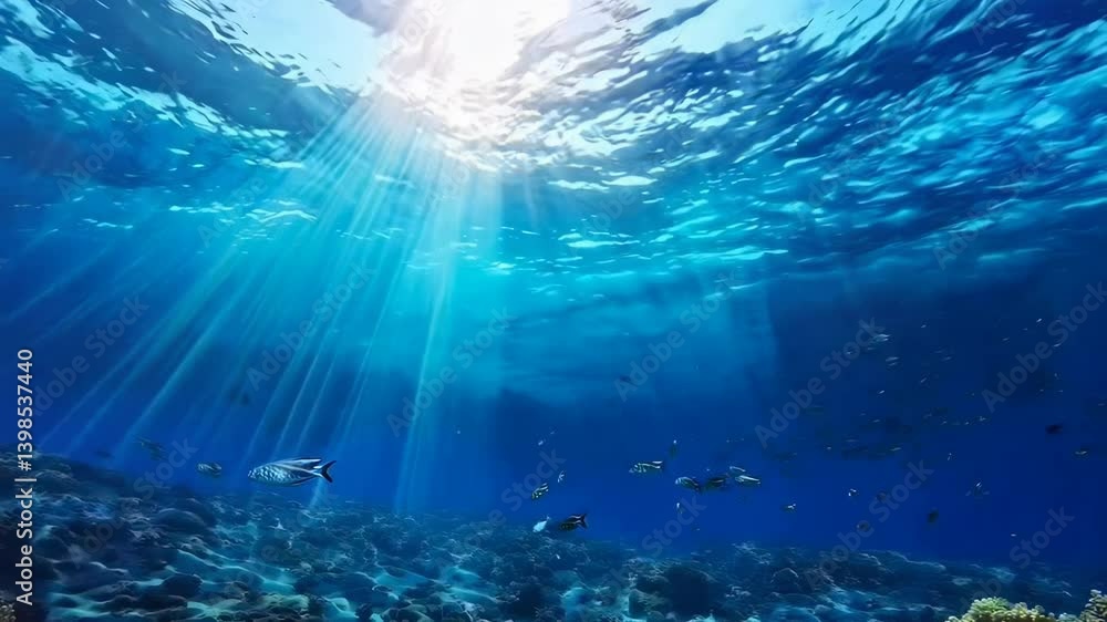 Underwater video captures sunlight streaming through ocean, illuminating fish and coral. Wide-angle shot enhances the serene, aquatic scene. Underwater video captures sunlight streaming through ocean, illuminating fish and coral. Wide-angle shot enhances the serene, aquatic scene.