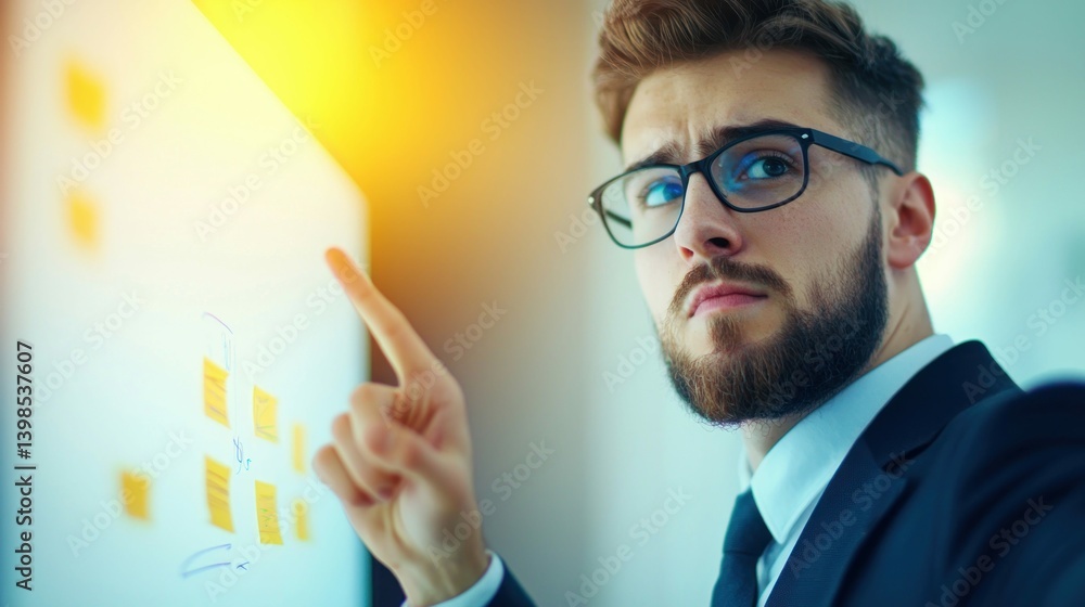 A focused businessman in glasses points towards a screen covered in sticky notes, deep in thought. A focused businessman in glasses points towards a screen covered in sticky notes, deep in thought.