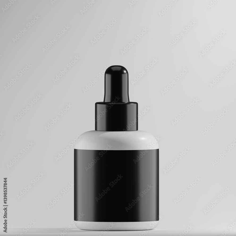 Sleek white dropper bottle with black cap and label on a minimalist gray background. Perfect for showcasing your brand's cosmetic serums, essential oils,or skincare products. Customize the blank label Sleek white dropper bottle with black cap and label on a minimalist gray background. Perfect for showcasing your brand's cosmetic serums, essential oils,or skincare products. Customize the blank label