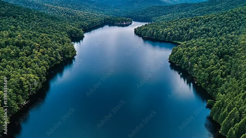 Aerial view of a serene lake surrounded by lush green forests and distant mountains under a cloudy sky Aerial view of a serene lake surrounded by lush green forests and distant mountains under a cloudy sky