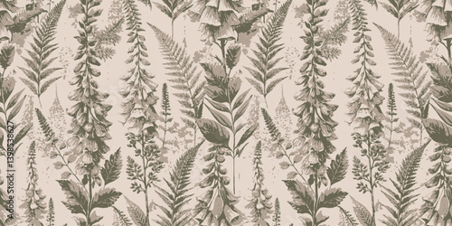 Elegant botanical wallpaper design in muted green tones featuring various plants.