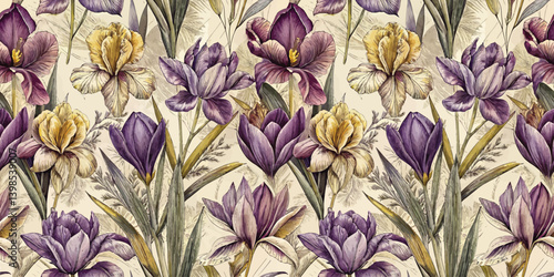 Colorful vintage floral pattern featuring irises in shades of purple and yellow.