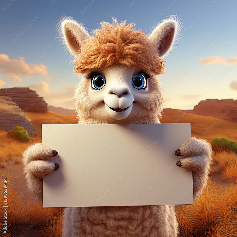 Fototapeta premium 3D niedliches Alpaka in der Savanne mit einem Werbeschild