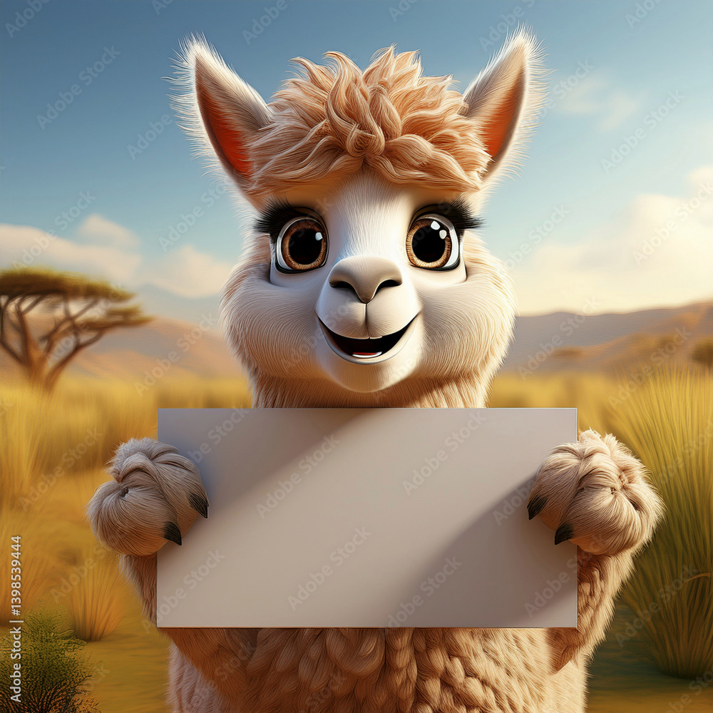 Fototapeta premium 3D niedliches Alpaka in der Savanne mit einem Werbeschild