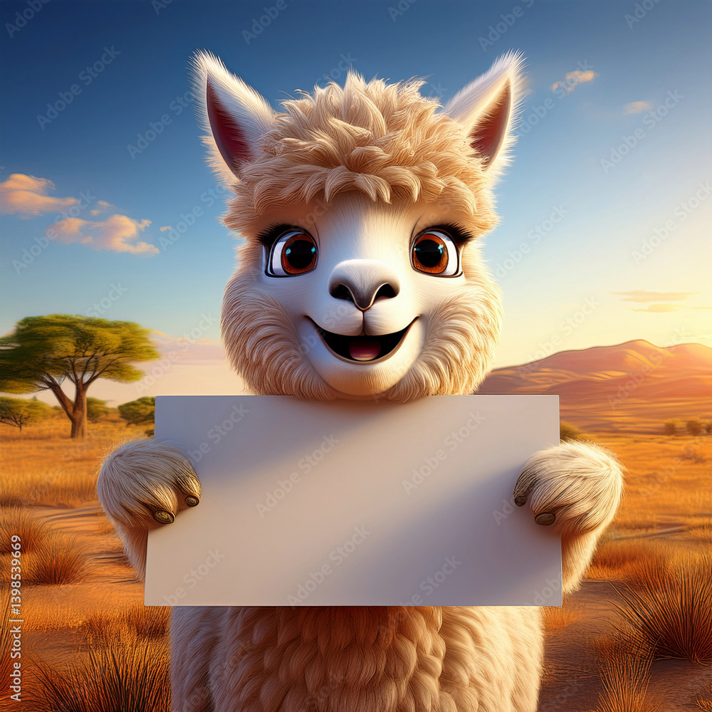 Fototapeta premium 3D niedliches Alpaka in der Savanne mit einem Werbeschild