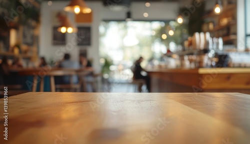 Blurred Cafe Interior with Wooden Table in Focus