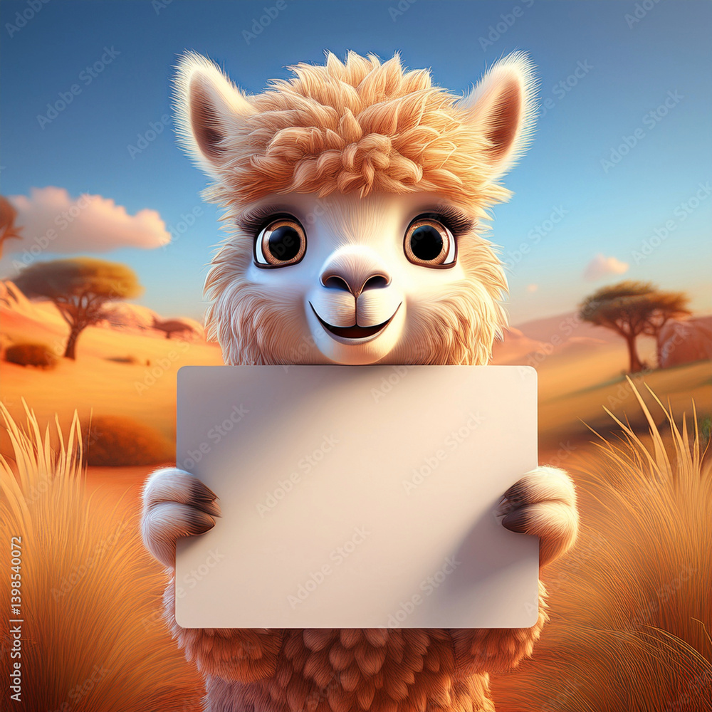 Fototapeta premium 3D niedliches Alpaka in der Savanne mit einem Werbeschild