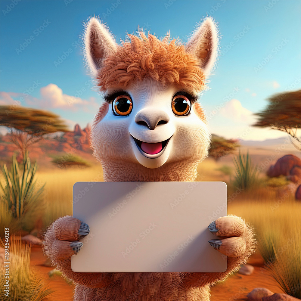 Naklejka premium 3D niedliches Alpaka in der Savanne mit einem Werbeschild