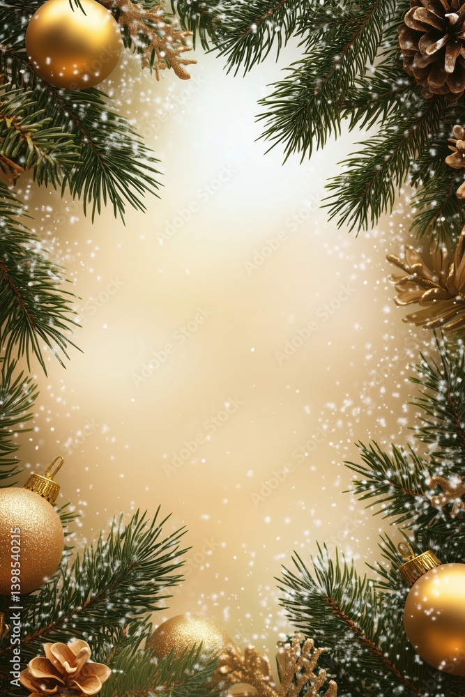 Warm seasonal frame with evergreen sprigs and golden festive ornaments Warm seasonal frame with evergreen sprigs and golden festive ornaments