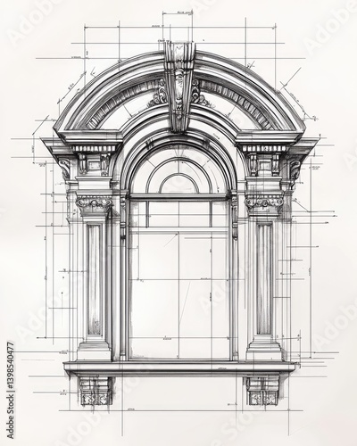 Architectural drawing of ornate archway with detailed carvings and columns on a gridded background in black and white.