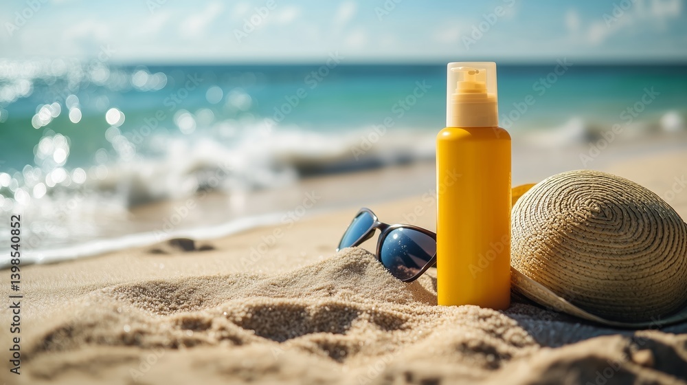 A bottle of sunscreen lotion, sunglasses and a straw hat on a beach, gentle waves in the background. 3 A bottle of sunscreen lotion, sunglasses and a straw hat on a beach, gentle waves in the background. 3
