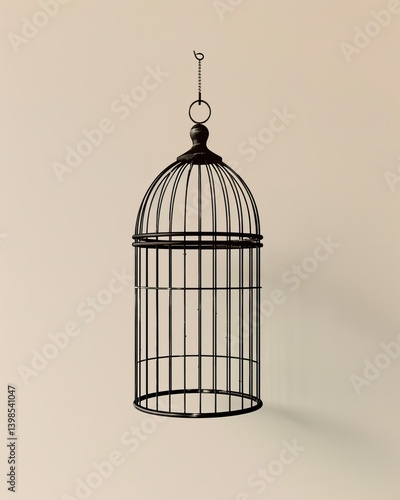 Minimalist composition: single empty birdcage icon hanging, door open, stark black on white, symbolizing lost security.