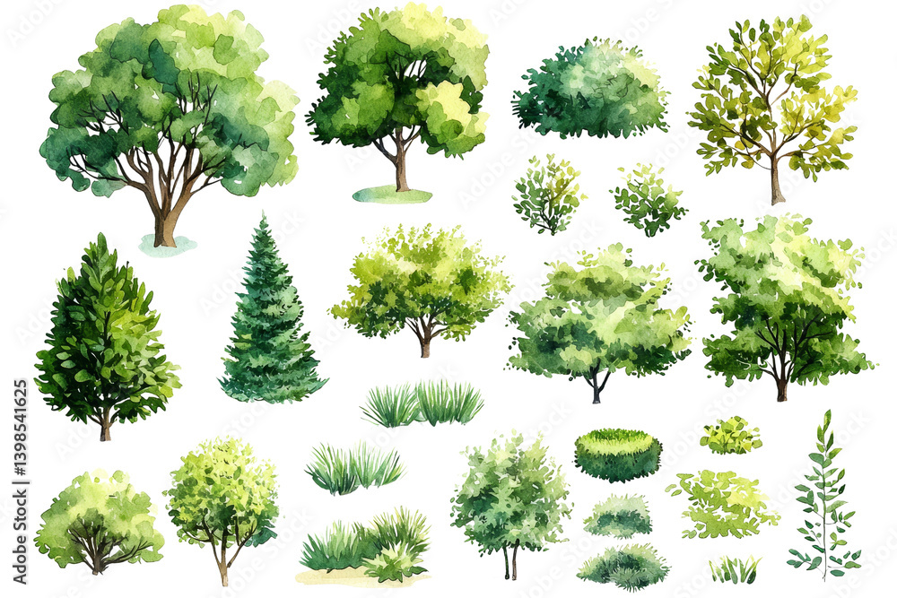 Fototapeta premium Watercolor Green Trees and Bushes Collection, Isolated on Transparent Background, Landscape Design Elements, Plants, Watercolor, Nature