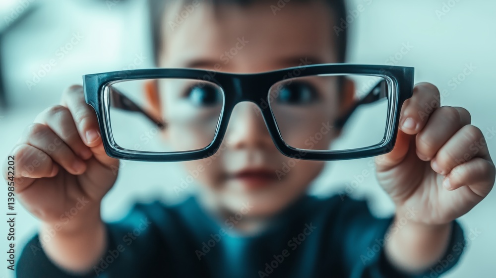 A child, blurred and out of focus, stands in the background, holding a pair of glasses. A child, blurred and out of focus, stands in the background, holding a pair of glasses.