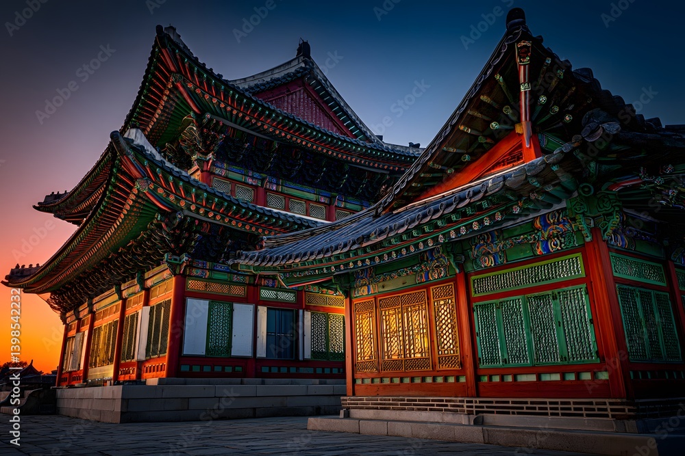 Ancient Palace in Dusk: Majestic architecture stands tall at dusk, showcasing intricate details of traditional design, with rich colors and cultural essence under a twilight sky. Ancient Palace in Dusk: Majestic architecture stands tall at dusk, showcasing intricate details of traditional design, with rich colors and cultural essence under a twilight sky.