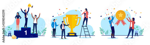 Business winner people and trophy vector collection - Set of illustration graphics with businesspeople winning and celebrating triumph. People accomplishment and achievement concept in flat design