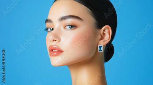 Glamour and Grace: A portrait of beauty, a woman with flawless skin and elegant features exudes an aura of poise, style, and timeless charm, enhanced by delicate jewelry and a sophisticated look.