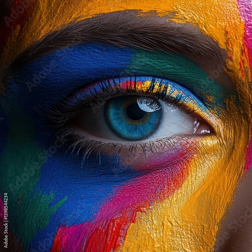 Vibrant colorful face paint art on a woman's eye