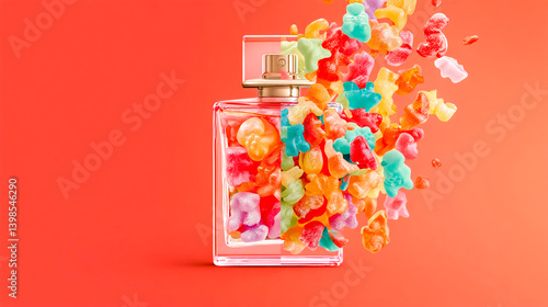 Creative collage of a perfume bottle filled with colorful sweet gummy bears, set against a vibrant coral-colored background.