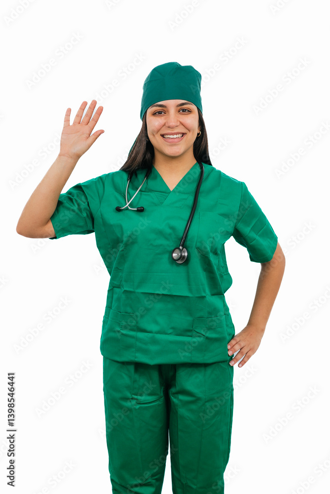 vertical Latin female surgeon waving and smiling on white background vertical Latin female surgeon waving and smiling on white background