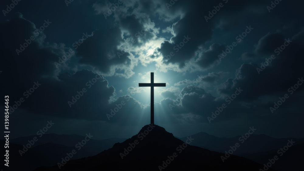 Naklejka premium A dramatic depiction of a cross on a mountain under stormy clouds.
